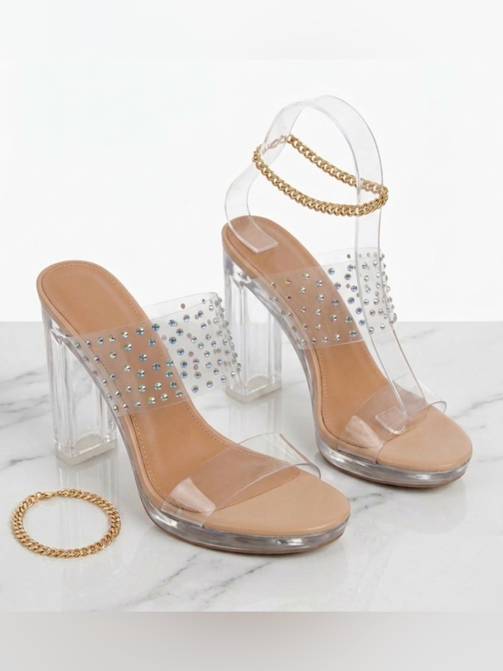 Fashion Nova Clear Ambition Iridescent Rhinestone Slide Mules